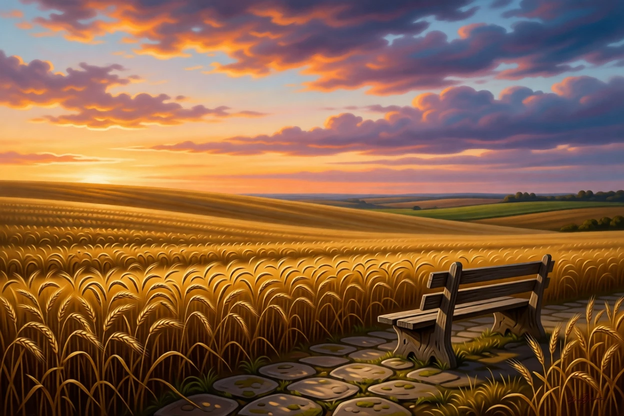 A field of golden wheat swaying beneath a dramatic sunset sky glowing under the last light of a fading afternoon, set beneath an expansive and ever-changing sky, with a weathered bench or stone path inviting quiet contemplation; a low horizon line gives dramatic weight to an expansive sky, radiating the serene majesty of untouched nature.