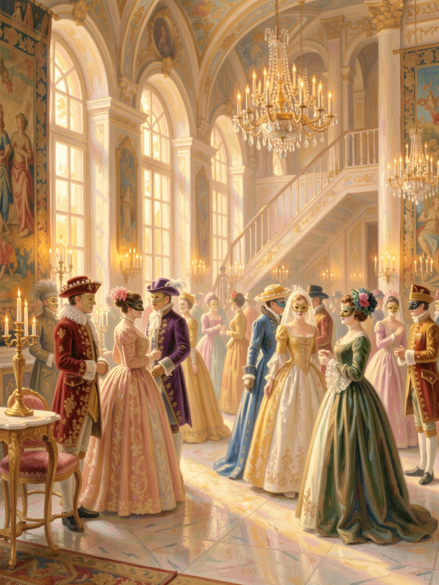 A grand Renaissance-era masquerade ball in a candlelit palace hall filled with elaborate costumes, at golden sunrise.