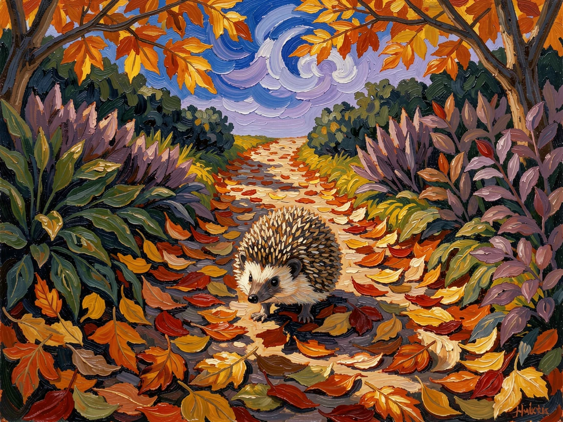 A curious hedgehog exploring a garden path lined with fallen autumn leaves.
