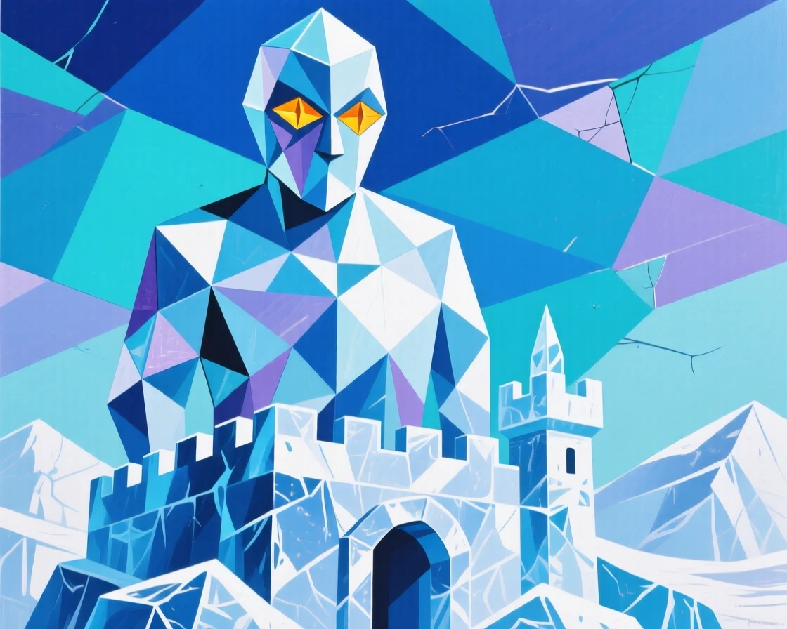 A magical scene of a crystal golem atop a castle carved from glacial ice.