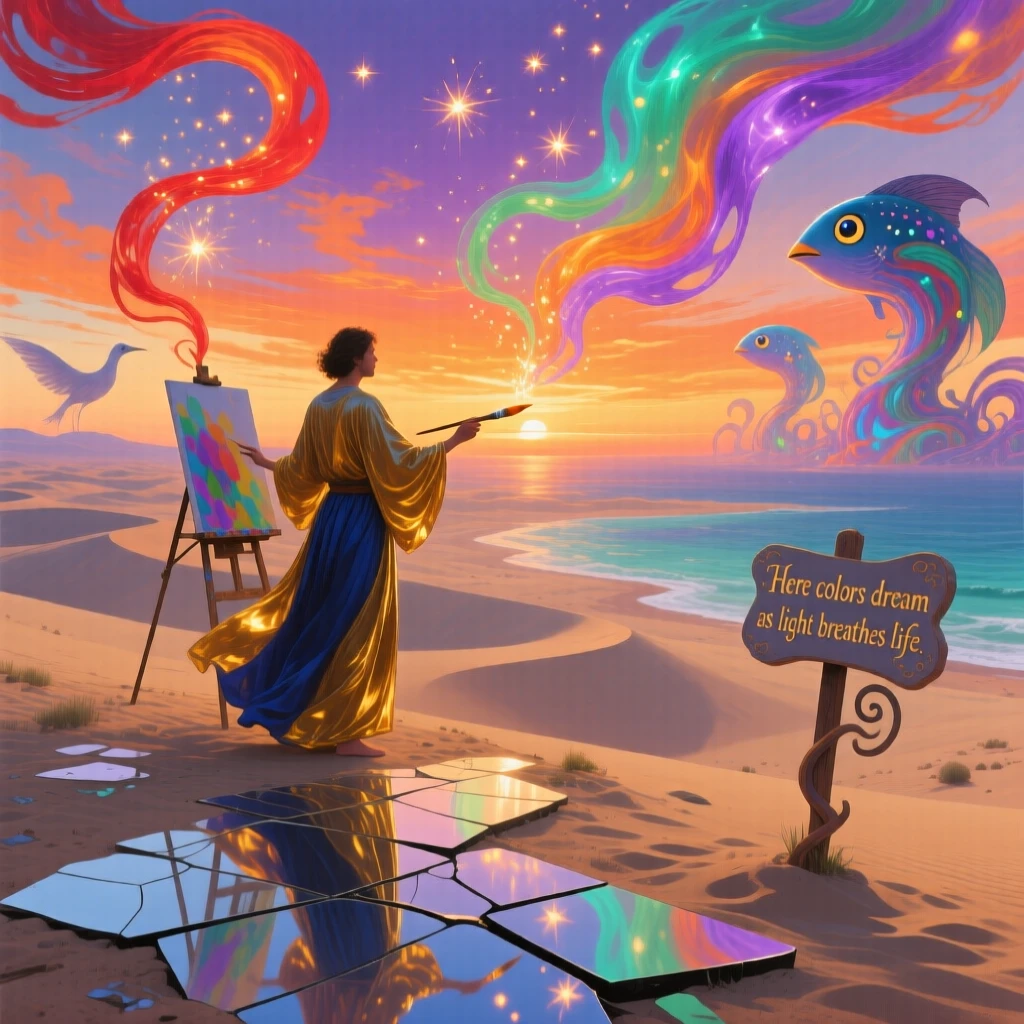 A painter capturing a sunset that changes color with every brushstroke moves gracefully through a scene bathed in soft golden light, as tiny sparks of light rise gently from where they stand.