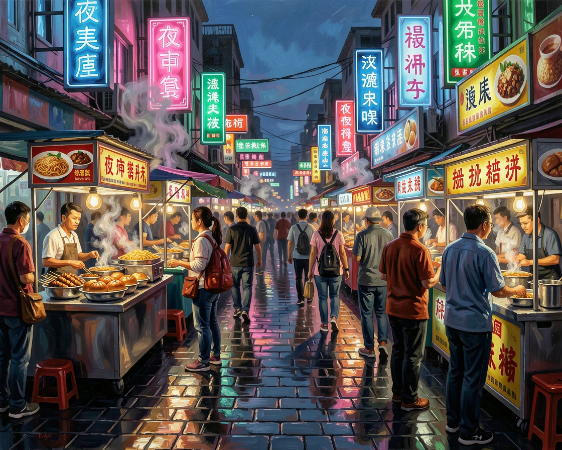 A bustling night market in Taipei glows with neon signs and steam rising from food stalls, crowds weaving between vendors selling street snacks, the changing light of the hour casting long shadows that add depth to every surface.