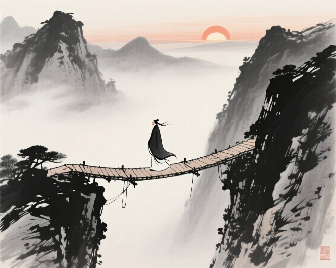 A lone figure crosses a narrow bridge deep in the mountains, as the sun begins to set behind the far ridgeline.