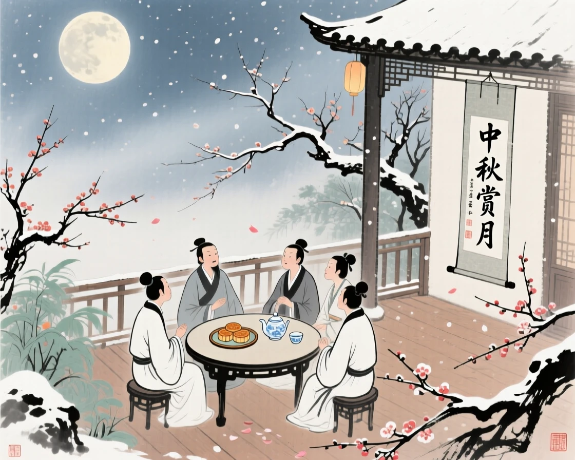 A moon viewing gathering on a garden terrace during the mid autumn festival, under the first snow of winter, imbued with timeless calm, in a warm breeze carrying the scent of blossoms.