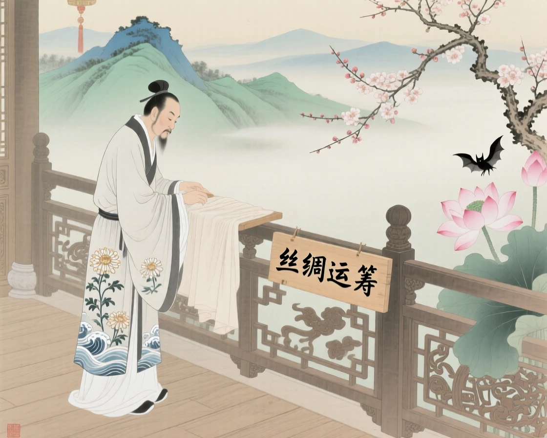 A silk trader preparing for tomorrow's festival on a terrace overlooking misty mountains
