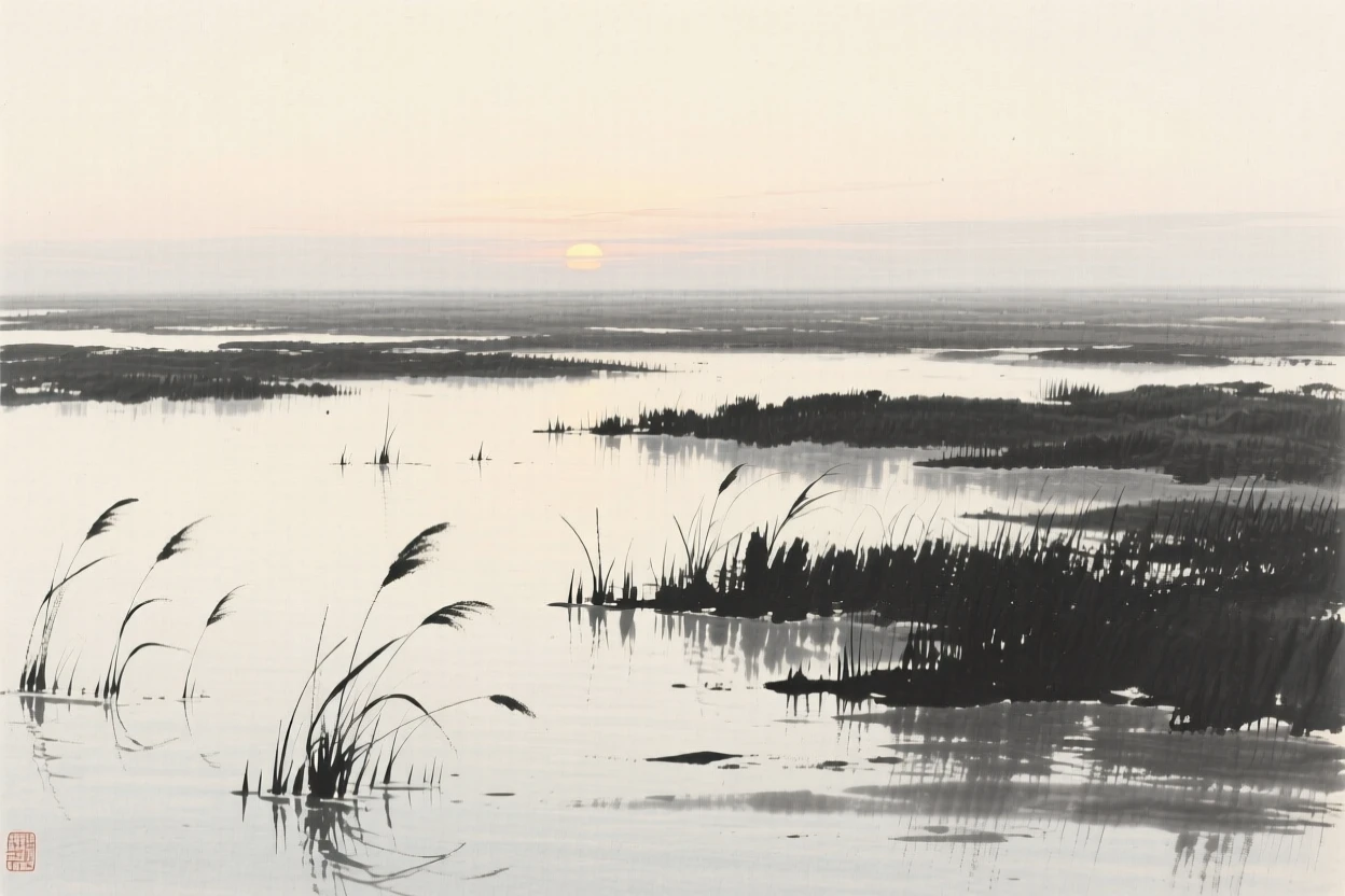 A tranquil marsh dotted with reeds and still water in the stillness just before sunrise, composed with wide open space above to emphasize the scale of the sky, evoking a deep sense of solitude and quiet grandeur.