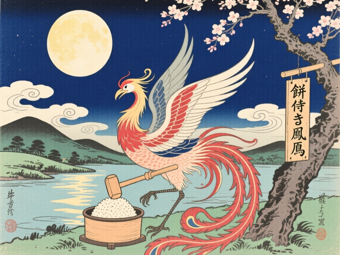 A rising phoenix pounding rice cakes beneath a full moon.