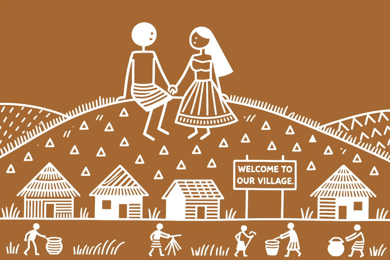 Two newlyweds sitting side by side atop a hill overlooking the village.