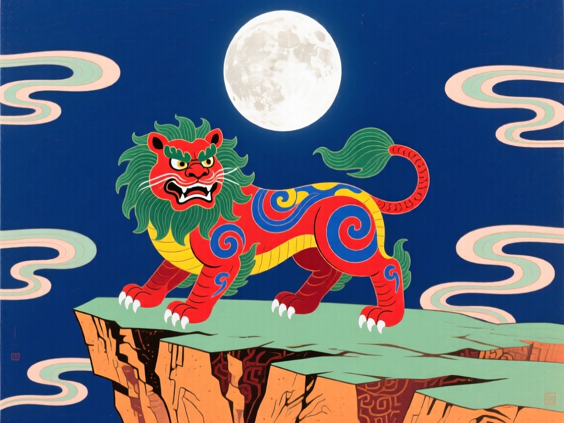 A fierce guardian lion statue standing beneath a full moon on a cliff.