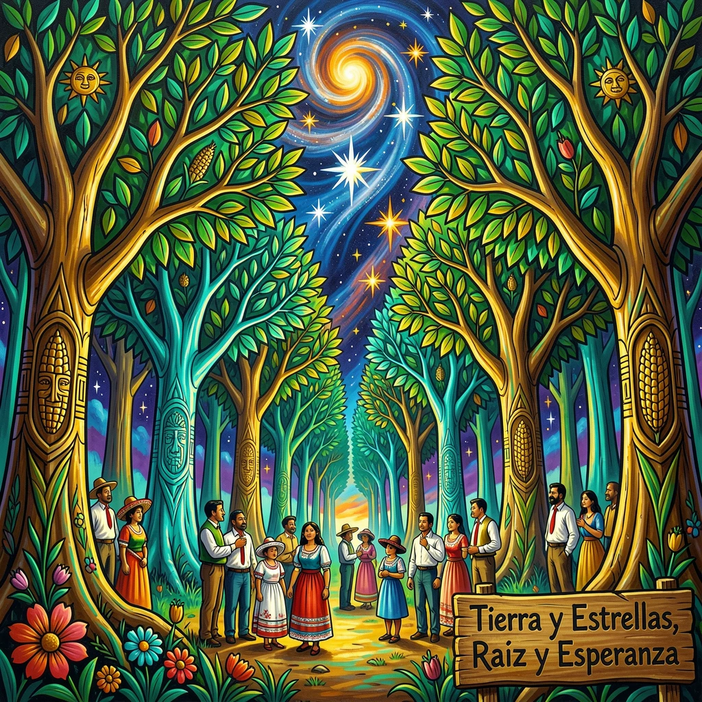 A forest of luminous trees beneath a starry sky