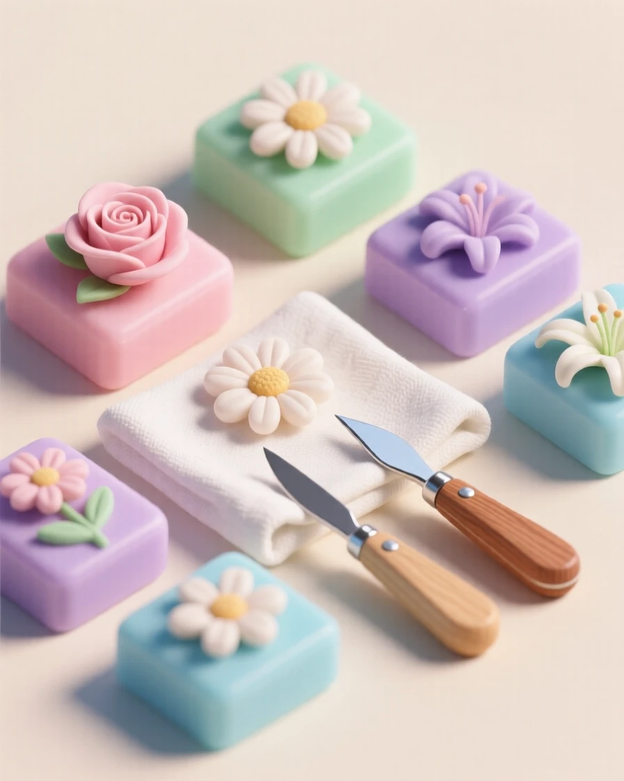 A soap carving session with bars of pastel soap being shaped into flowers, tiny knives resting on a cloth nearby.