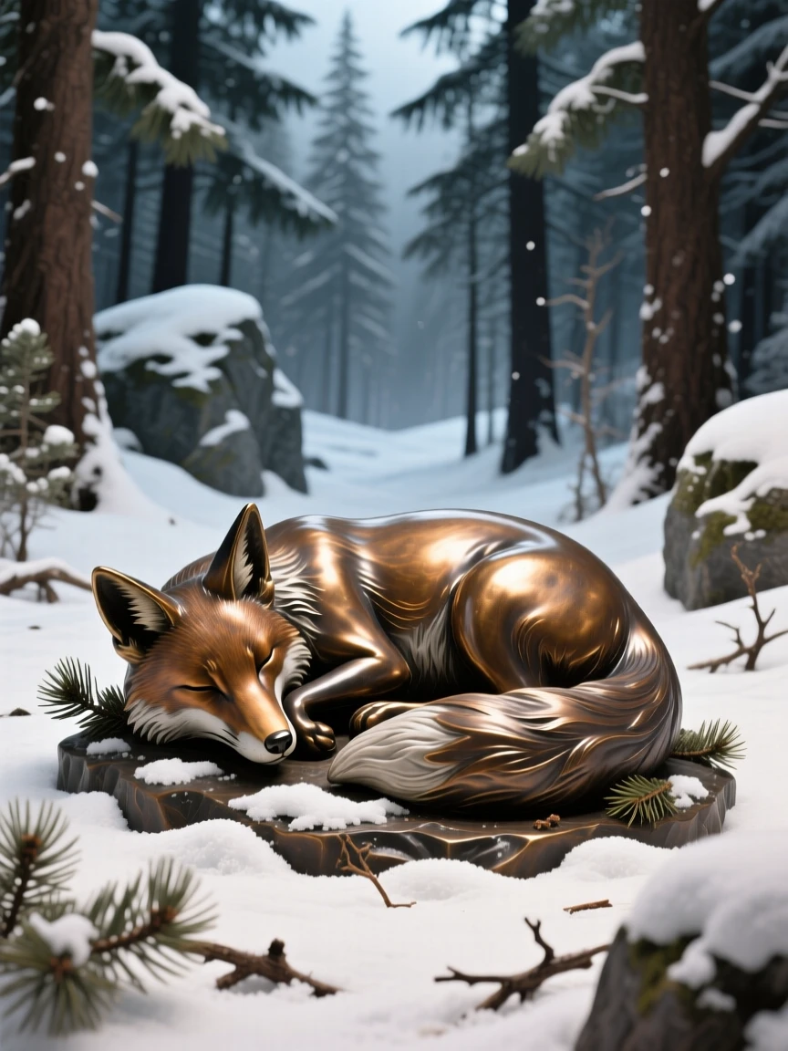 A fox curled up in a snowy forest clearing, framed by dramatic natural scenery, evoking wonder and majesty