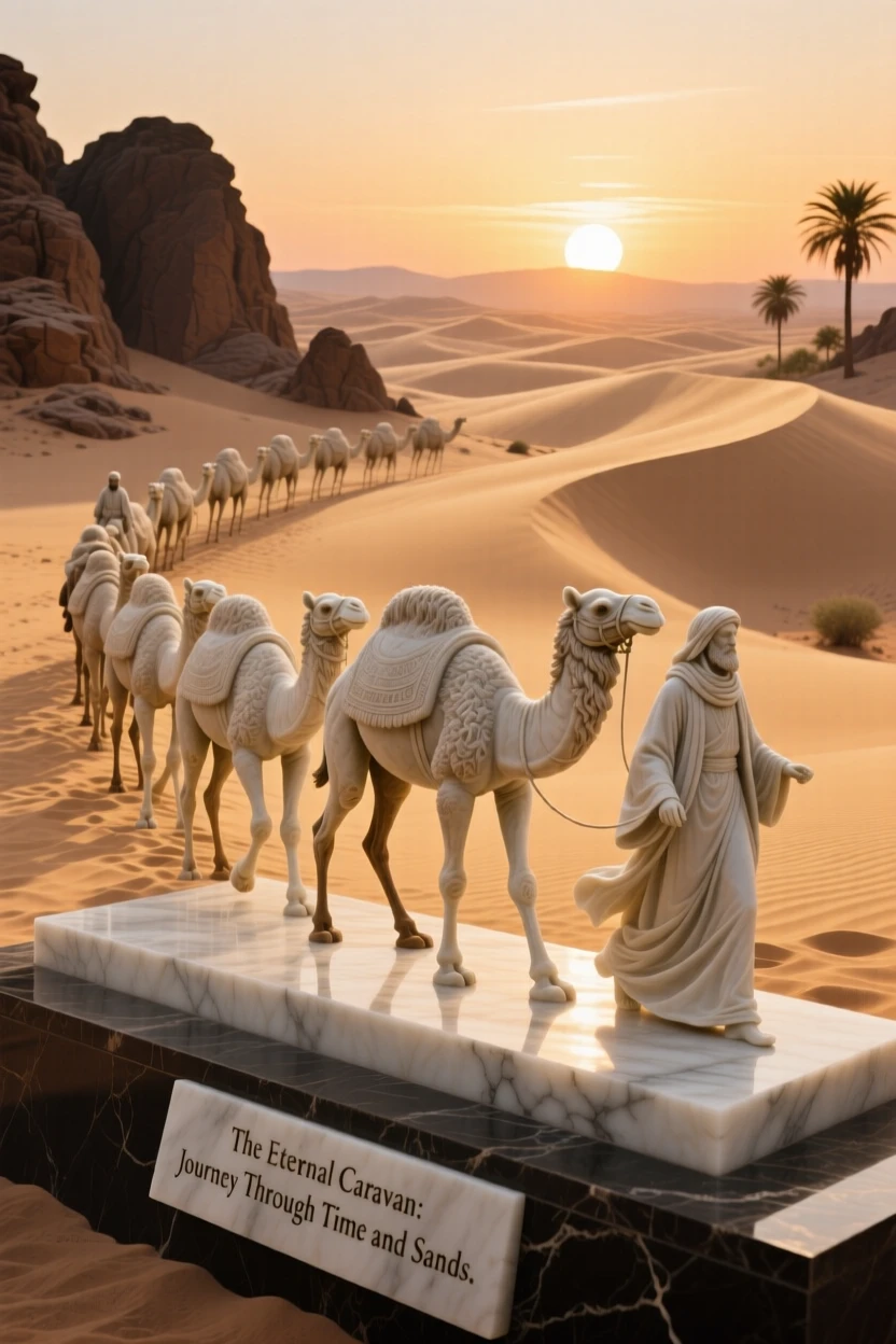 A beautifully composed image of a caravan crossing golden desert dunes at sunset, framed by dramatic natural scenery, full of atmosphere and visual storytelling