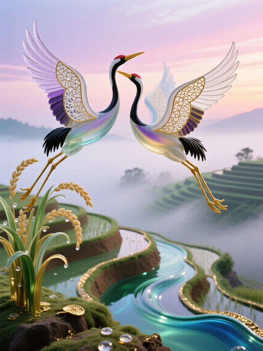 A pair of cranes flying together above misty rice terraces at dawn, graceful and symbolic.
