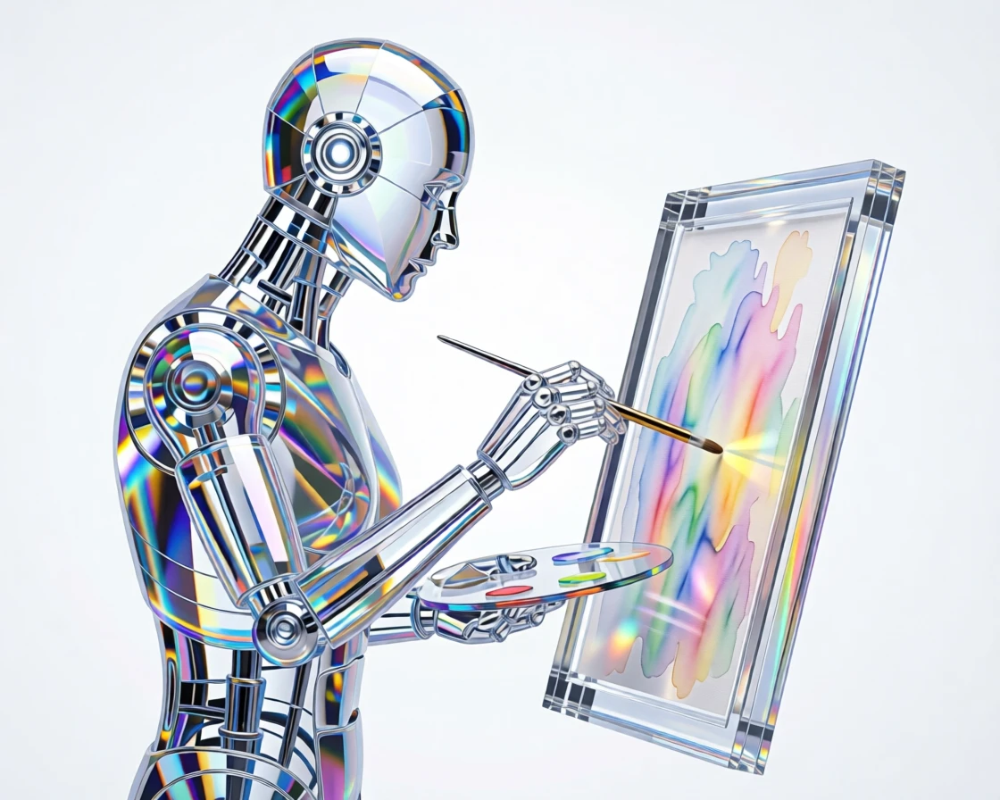 A humanoid robot painting a delicate watercolor portrait with careful precision.