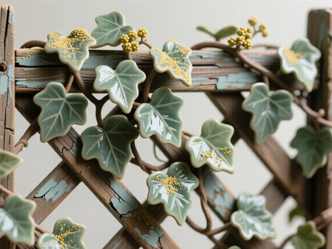 A trailing ivy climbing a weathered trellis arranged as if freshly gathered, dusted with fine pollen, evoking fragile beauty and quiet renewal.