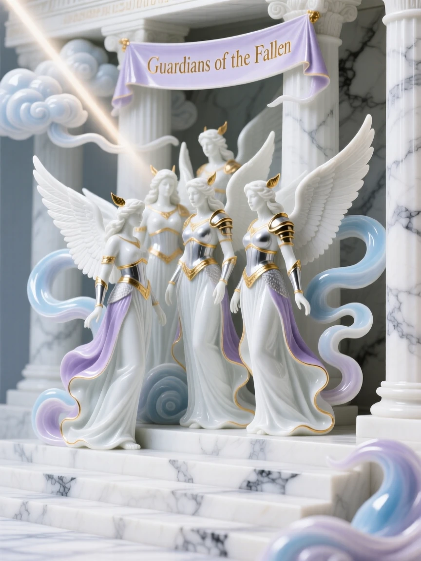 A mythological moment: a valkyrie gathering in a marble temple, framed by swirling clouds and light.