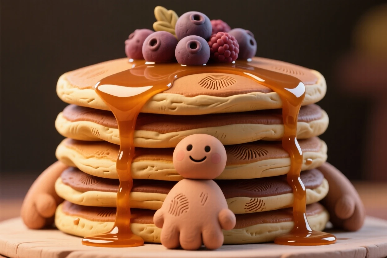 A towering stack of pancakes drizzled with maple syrup and berries