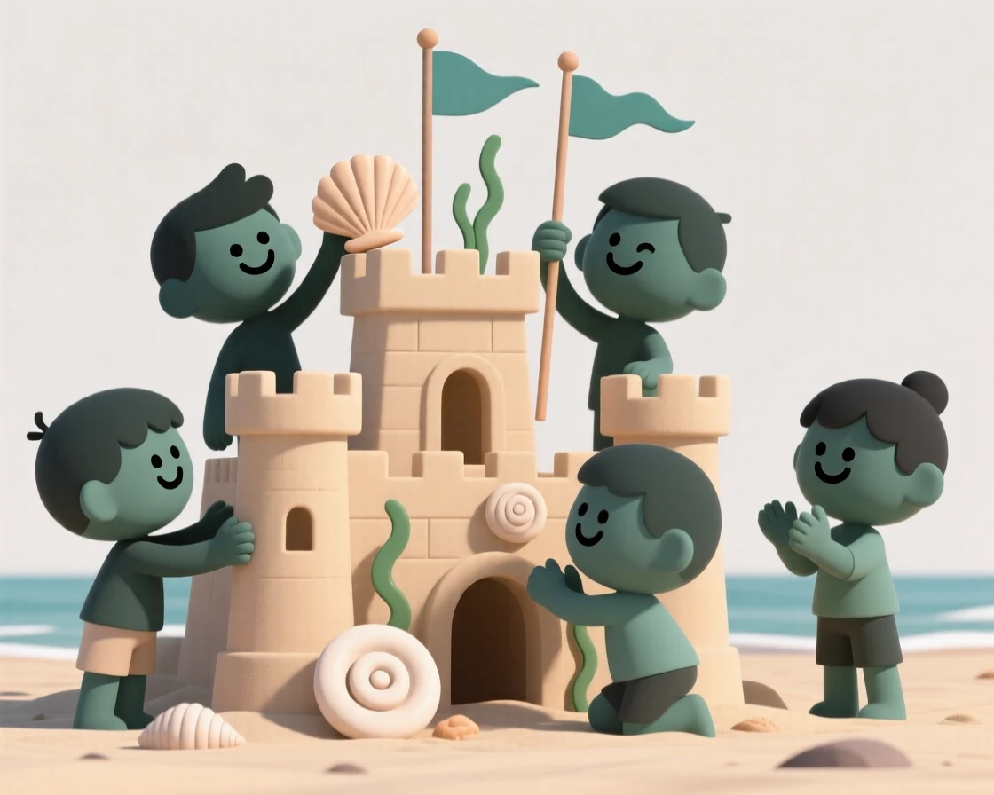 A joyful group of children build an enormous sandcastle together, decorating it with shells and seaweed flags.