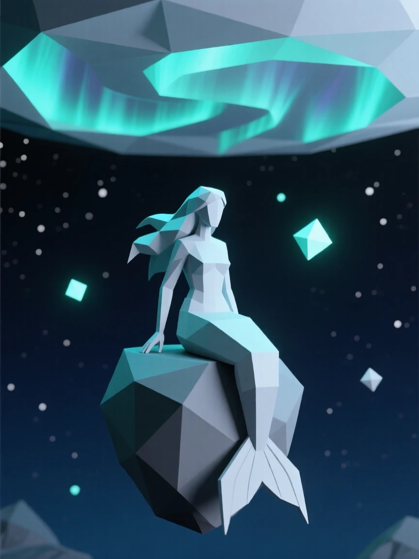 A mermaid perched on a moonlit rock, beneath a sky filled with swirling aurora light. soft glowing light sources create dramatic highlights. The moment feels suspended between worlds.