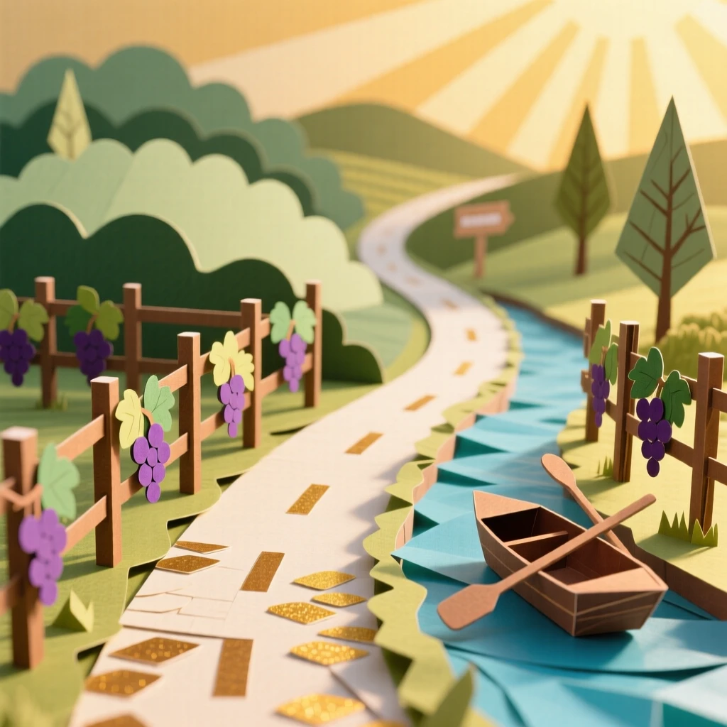 A vineyard-covered countryside road bathed in the golden light of late afternoon, with small boats resting along the water, conveying vibrant local energy.