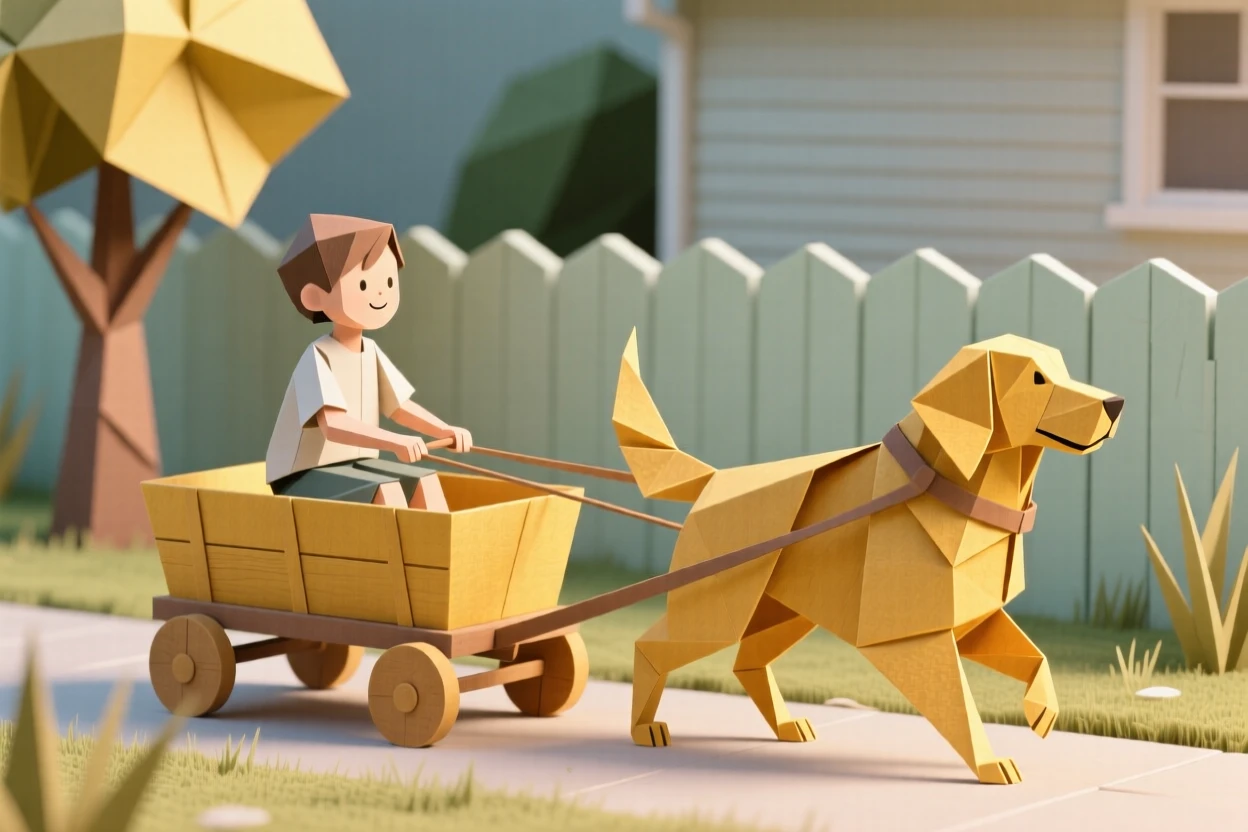 A child riding a wagon pulled by a golden retriever through a suburban backyard.