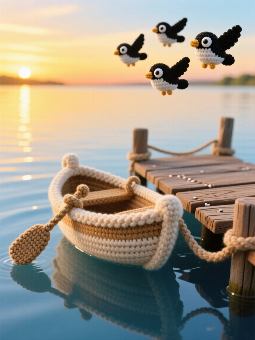 a small rowboat, tied gently to a wooden dock, resting on a still, glassy lake beneath a wide open sky at golden hour; a small flock of birds passing overhead completes the scene, full of a serene, storybook tranquility.
