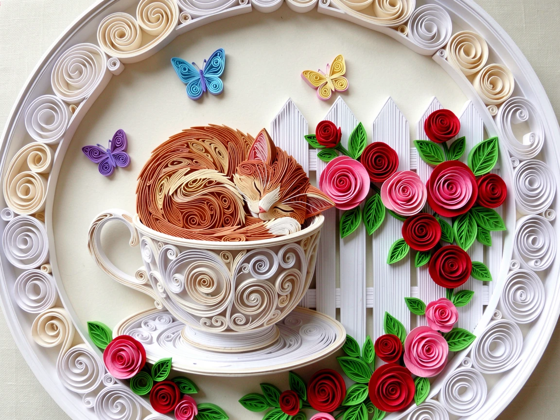 a kitten curled asleep inside a teacup, beside a picket fence covered in climbing roses, framed in a close-up circular vignette, with a scattering of tiny butterflies nearby.