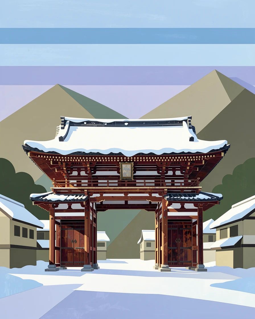 A majestic snow-covered temple gate in a quiet Japanese mountain town.