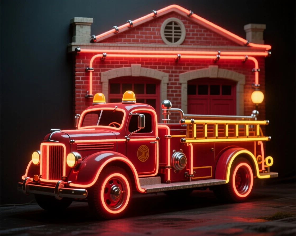 A vintage fire truck parked in front of an old brick firehouse.