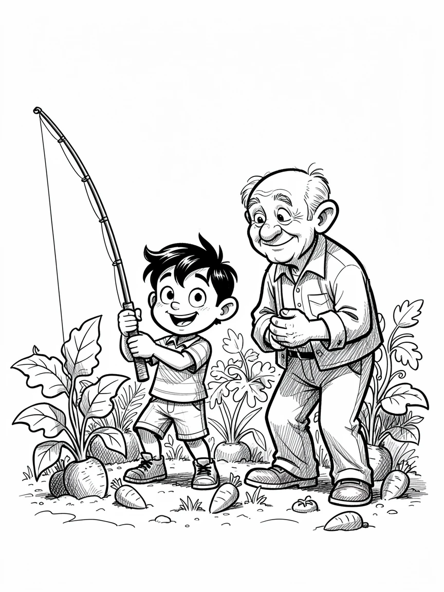 A little boy fishing with his grandfather beside a garden full of vegetables.