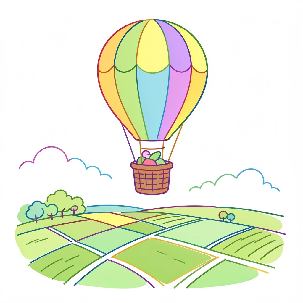 A hot air balloon rising above a patchwork of green farmland.