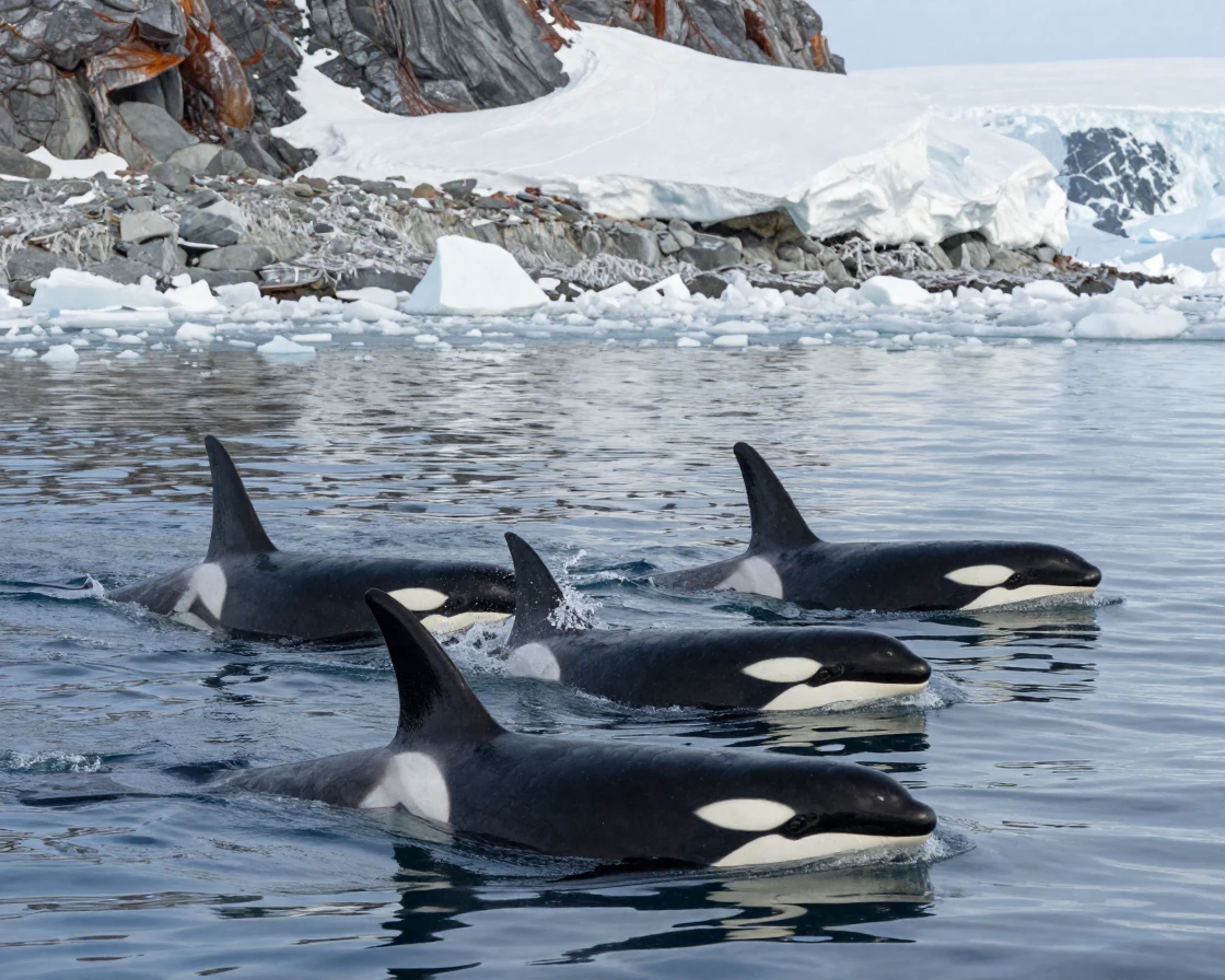 A pod of orcas hunting near an icy coastline