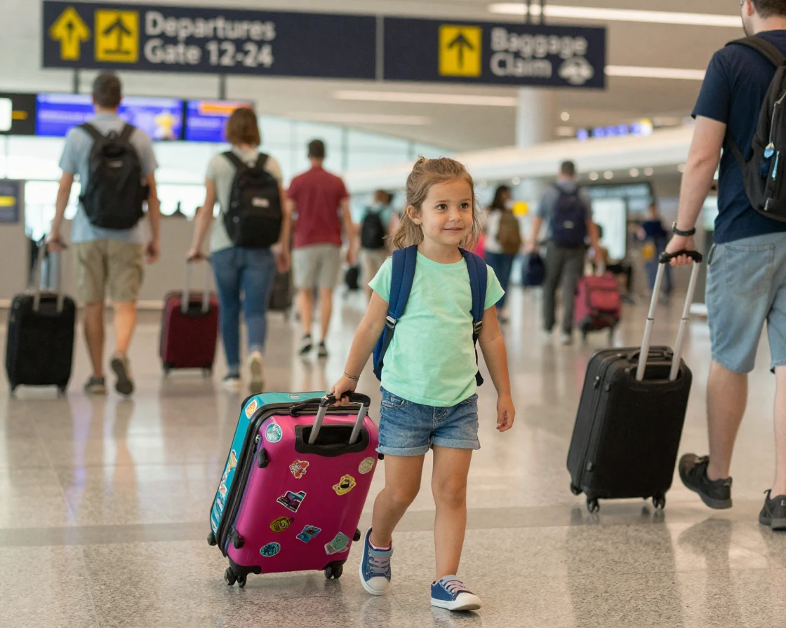 A little girl insists on carrying her own tiny suitcase through an airport terminal.