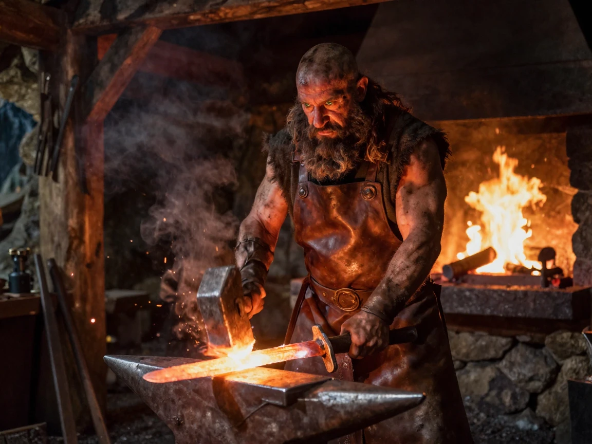 A dwarf blacksmith forging a glowing sword in a mountain forge