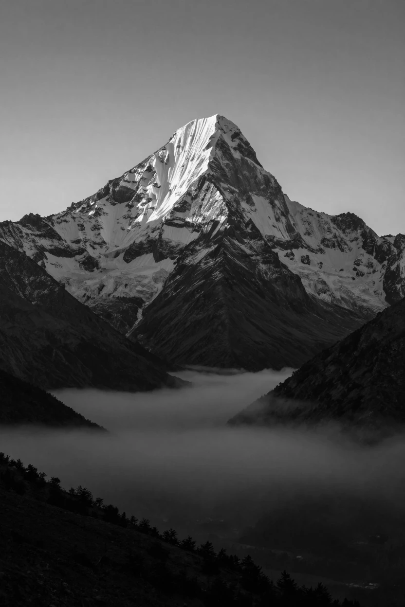 A snow-capped mountain peak glows under the first light of dawn high above a quiet alpine valley.