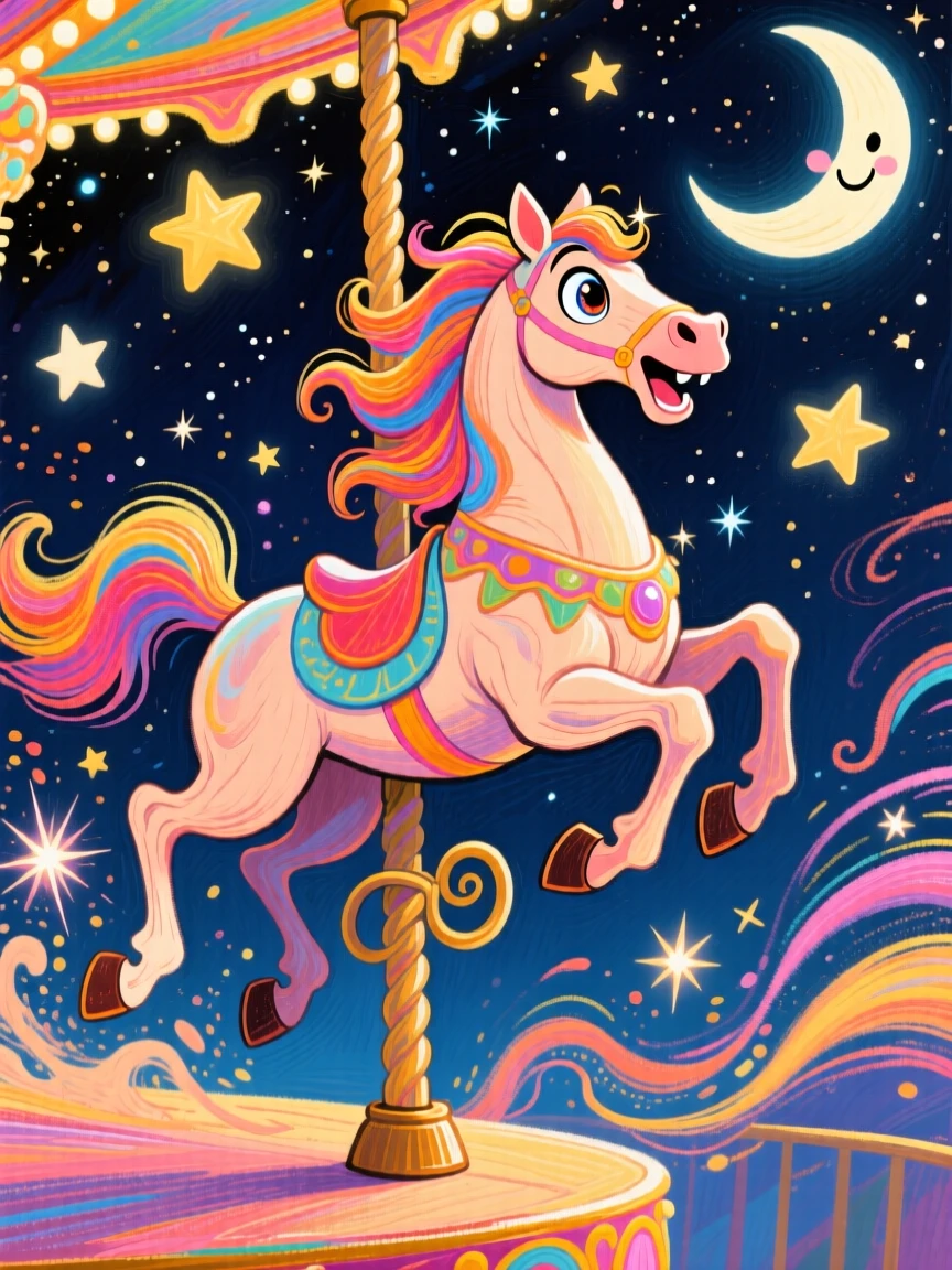 A magical carousel horse coming to life and galloping off into a starry night.