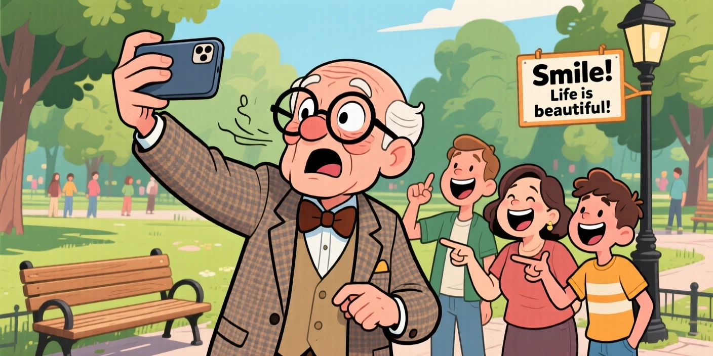 A funny expressive moment showing an elderly gentleman attempting a selfie that goes hilariously wrong, as everyone around them bursts into laughter.