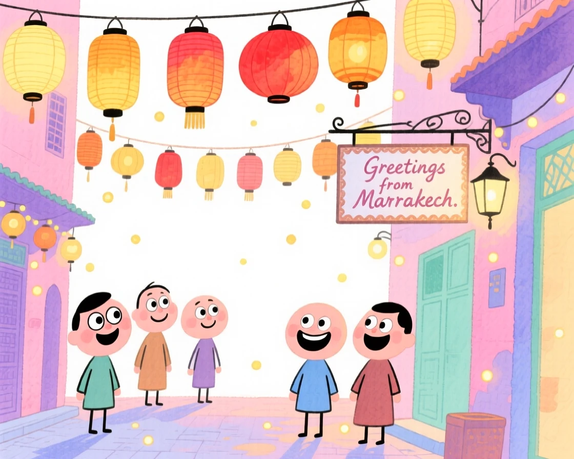 A dreamy travel postcard scene of the streets of Marrakech filled with colorful lanterns glowing under twinkling evening lights