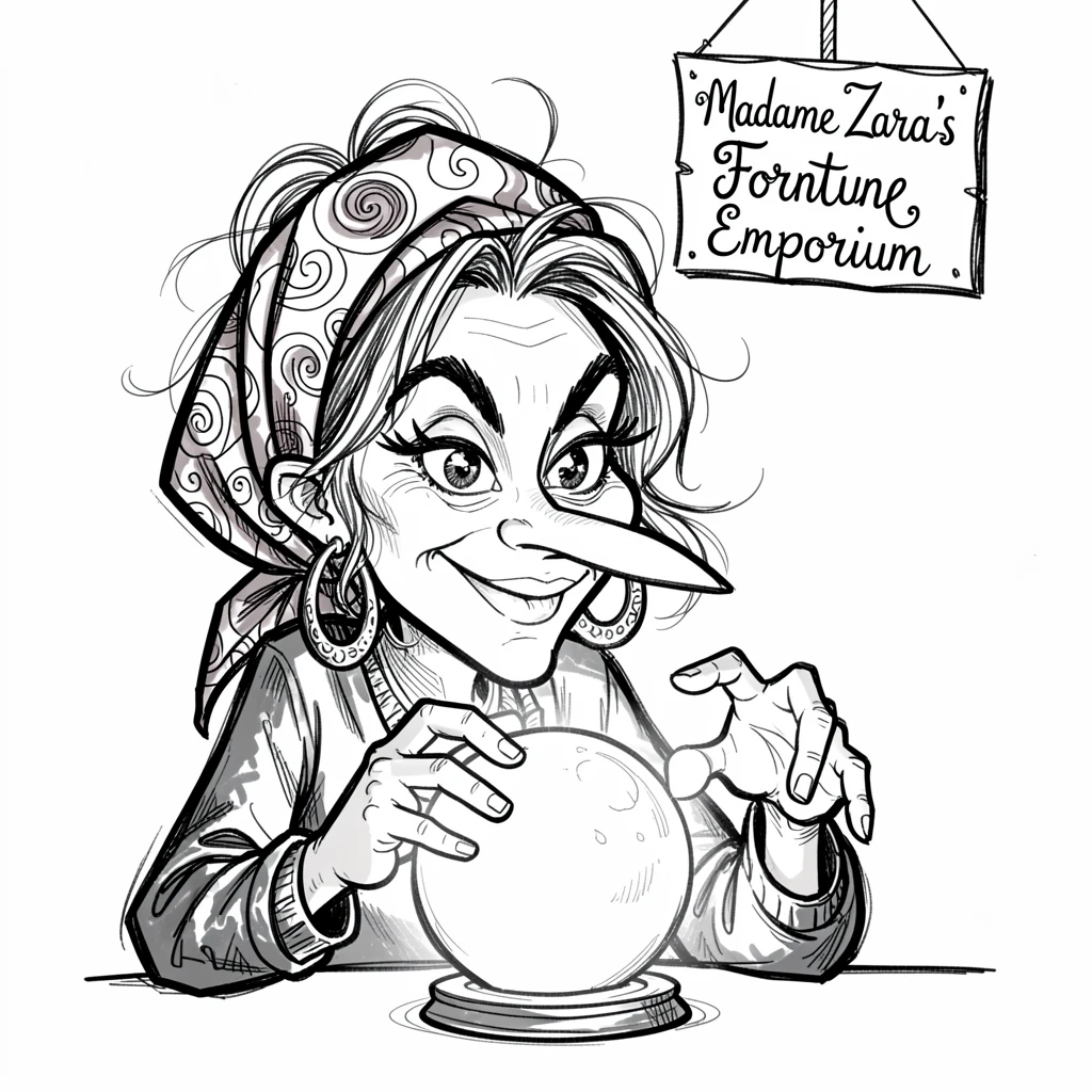 [People Portraits & Characters] Portrait of a eccentric carnival fortune teller hard at work, full of personality and charm