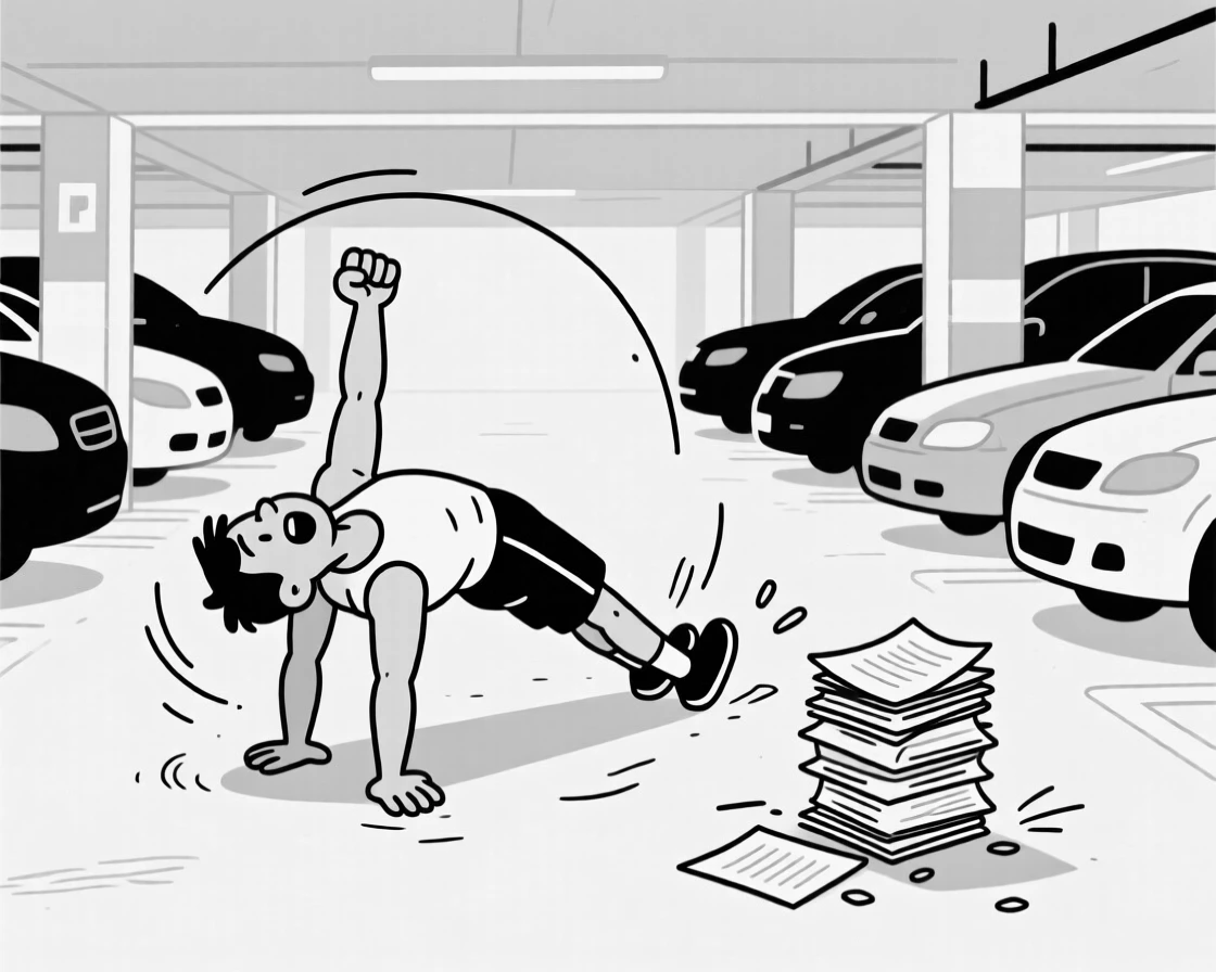 A gym-goer collapsing dramatically after one single push-up, spinning in a full victory circle with fists raised, set in a crowded parking garage. A stack of ungraded papers teeters nearby. It's the kind of relatable blunder everyone secretly recognizes.