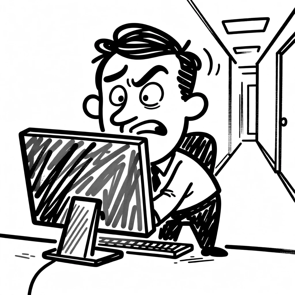 An office worker hiding behind a monitor to avoid an awkward hallway encounter.
