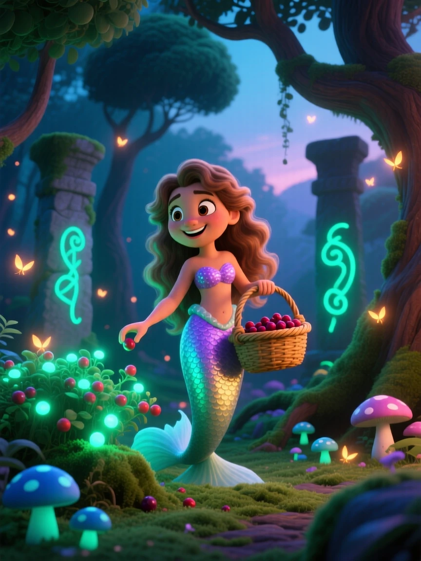A mermaid with shimmering scales stands in an enchanted forest glowing with fireflies, gathering glowing berries into a basket. A quiet magic hums softly throughout the scene, with glowing runes pulsing gently in the background.