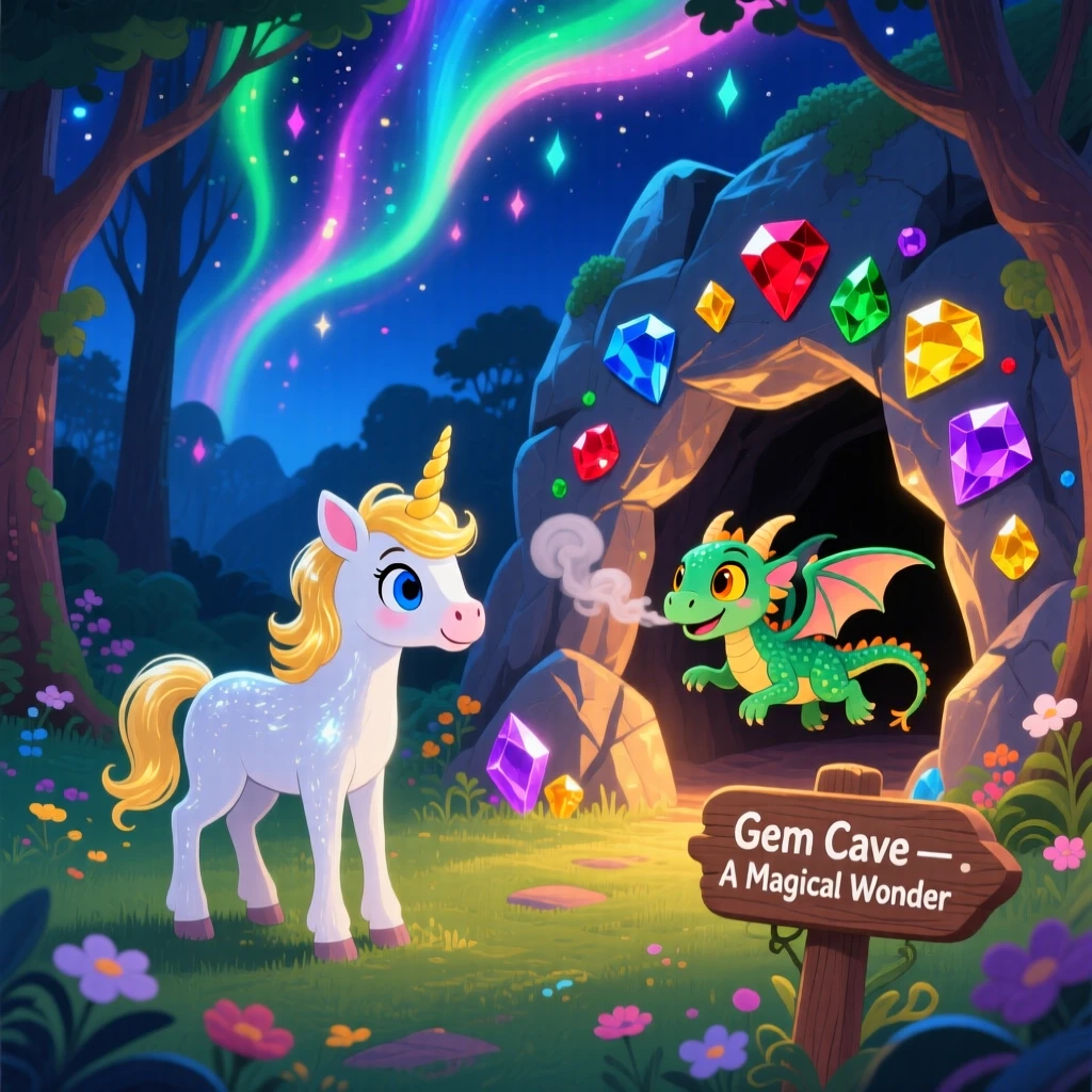 A unicorn foal pauses from training a baby dragon to fly to marvel at a glowing cave of gems, as the northern lights ripple overhead.