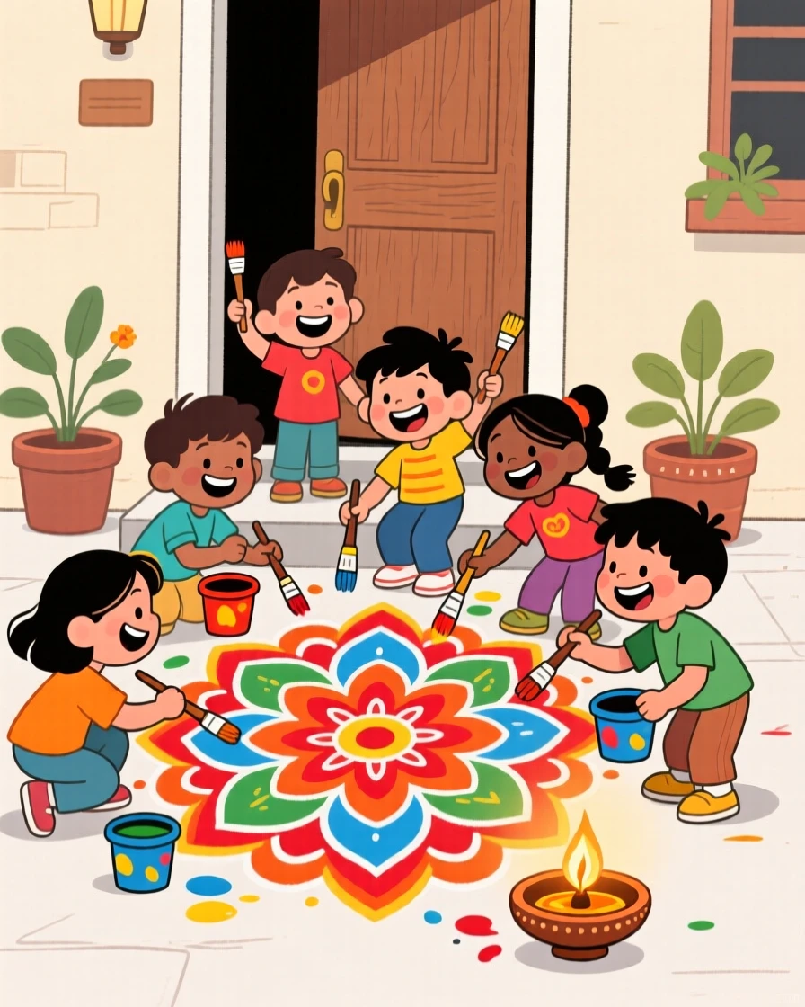 Children painting elaborate rangoli patterns on a doorstep.