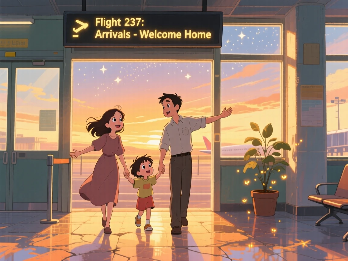 A tender moment of a family reunited at an airport gate, arms outstretched, the scene warmly nostalgic.