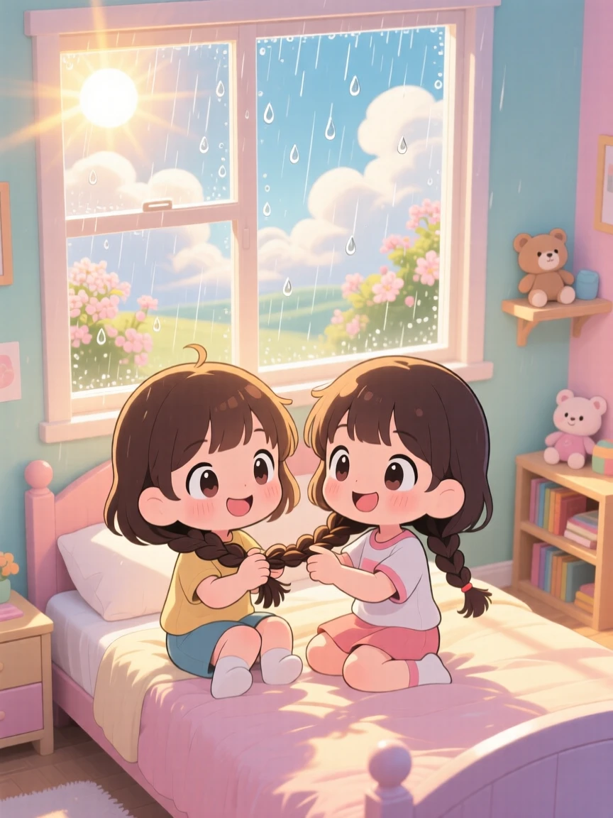 Twin sisters braiding each other's hair in a sunny bedroom during a gentle spring rain shower; rays of sunrise breaking through clouds washes over the scene as brave confidence fills the moment. High aerial view.