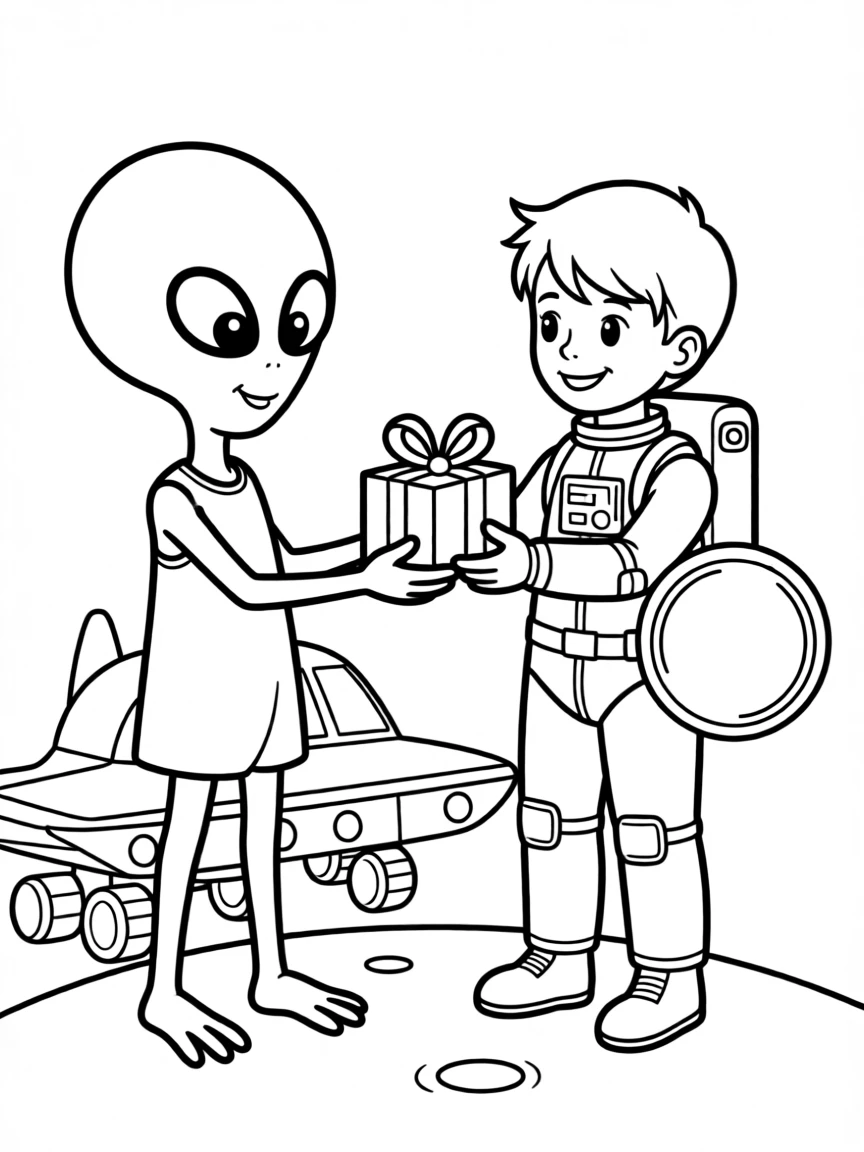 A friendly alien exchanging gifts with a young astronaut