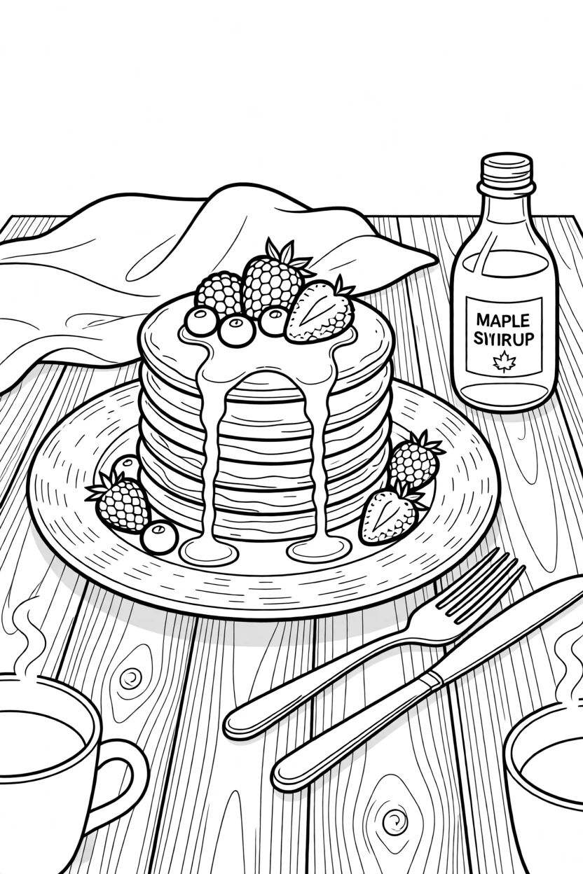 A stack of pancakes drizzled with syrup and fresh berries, arranged on a rustic wooden table.