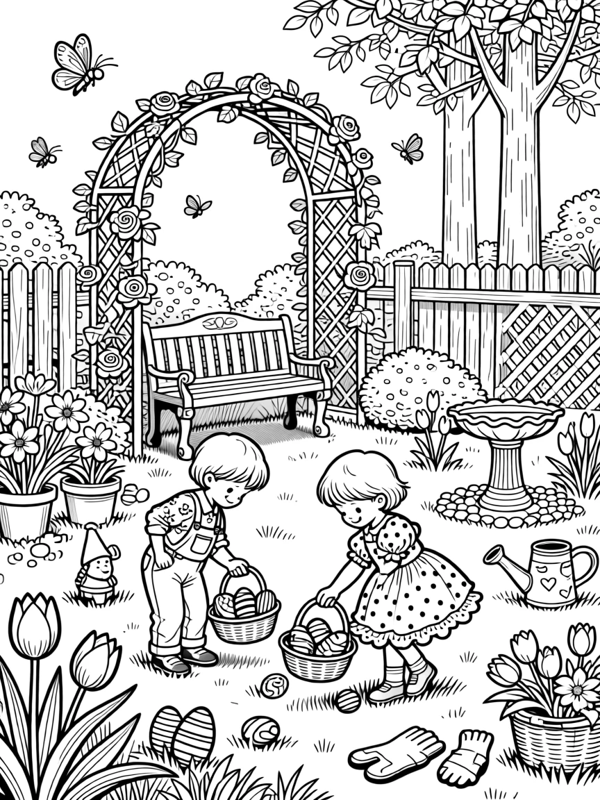 A springtime Easter egg hunt scene in a blooming garden.